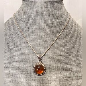 Vintage 925 Sterling Silver Amber Pendant Necklace Italy 18” Ornate Beaded Frame